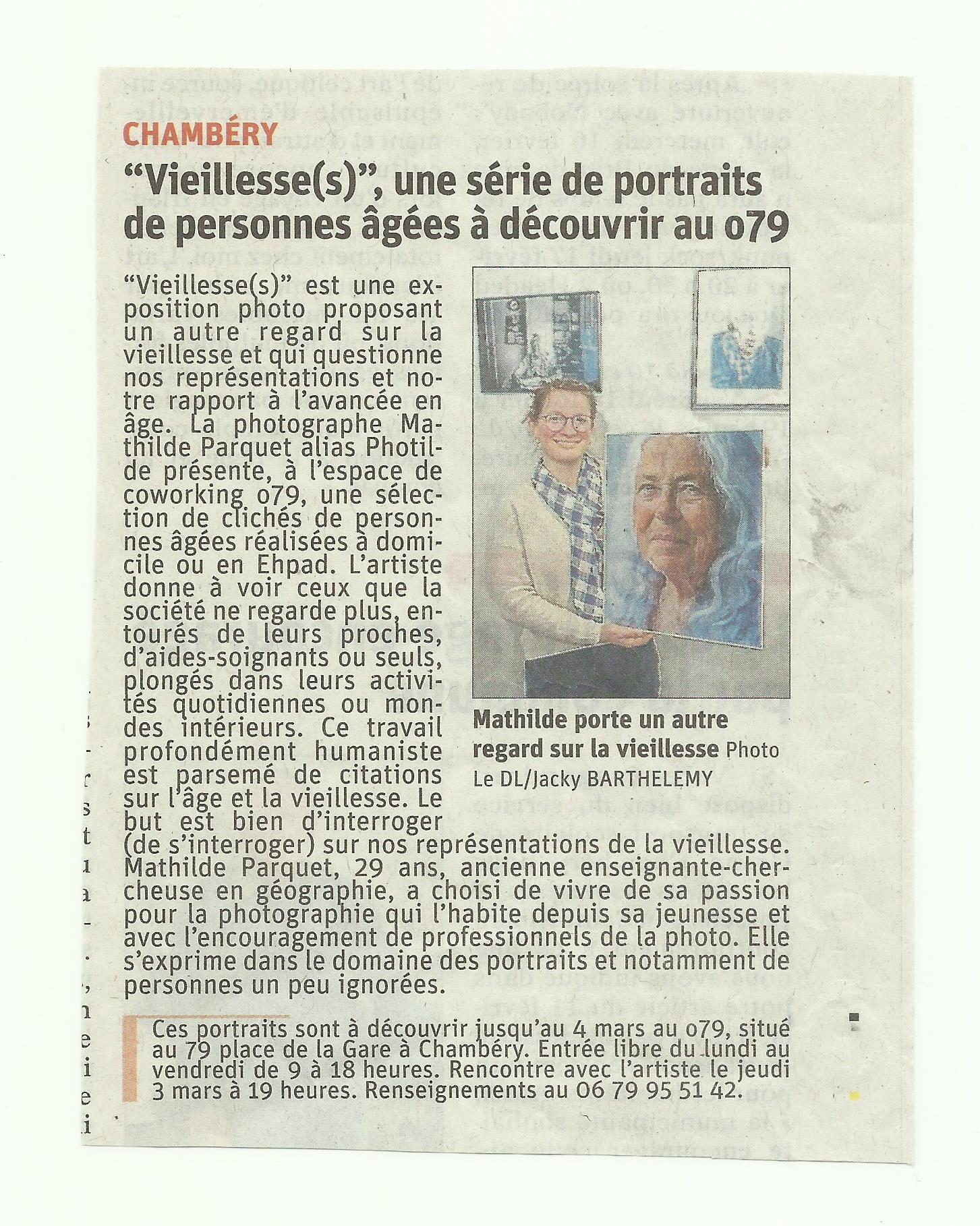 Article de journal ayant pour titre "Vieillesse(s) : une série de portraits de personnes âgées à découvrir au o79"